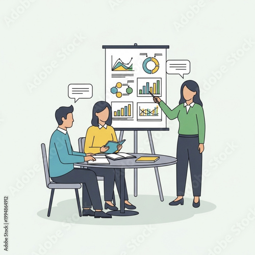 Business meeting with woman presenting data on a board to colleagues in office setting with graphs and charts