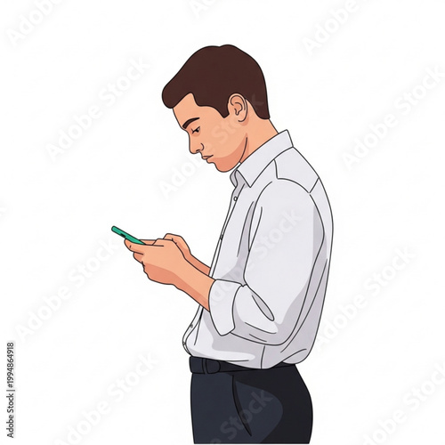 Man in white shirt and black pants looking at green smartphone