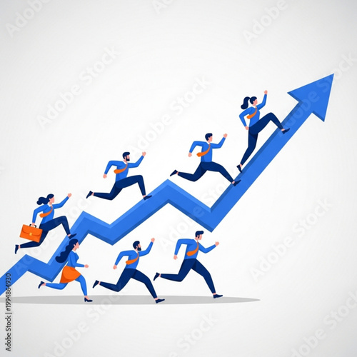 Business professionals climbing up a large blue arrow graph showing growth and success