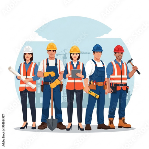 A group of construction workers wearing safety gear and holding various tools on a blue background with a construction site