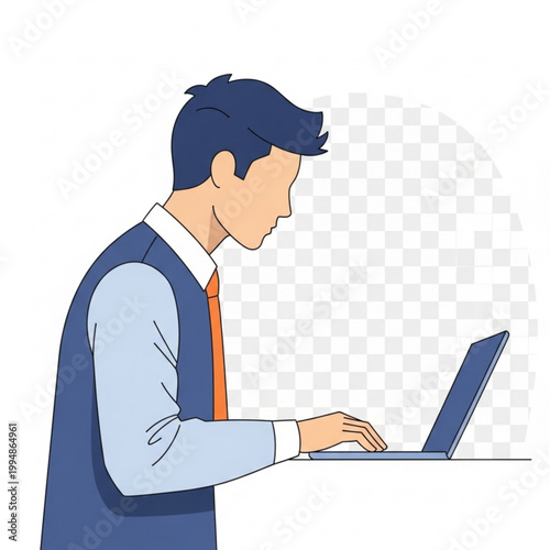 A cartoon man in business attire working on a laptop computer with a transparent background