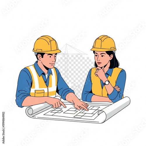 Two construction workers in yellow hard hats and vests looking at blueprints