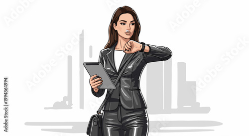 Professional woman checking her smartwatch while holding a tablet in front of city buildings