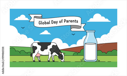 Cow grazing in field next to milk bottle for global parents day with blue sky