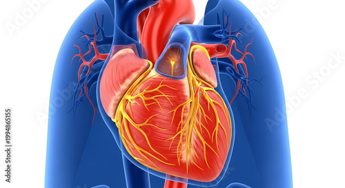 A detailed illustration of a human heart with visible veins and arteries