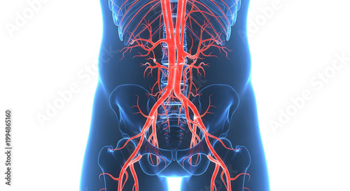 A detailed illustration of the human vascular system with glowing red blood vessels and a blue body outline on a white background