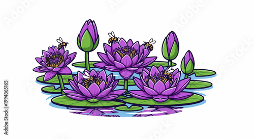 Purple water lilies bloom with busy bees collecting nectar on a calm pond