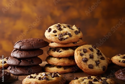 Cookies Stacked Together With Chocolate Chips on a Table in a Kitchen Setting