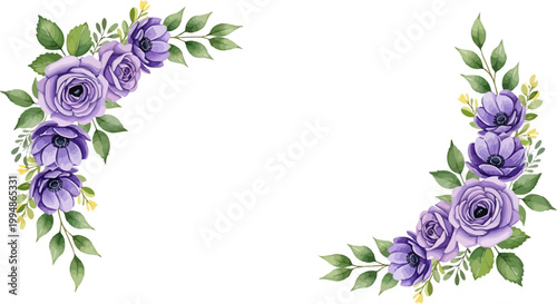 Elegant purple watercolor rose and anemone floral corner frame vector illustration for wedding invitations greeting cards and stationery