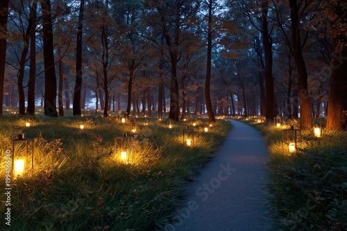 Pathway With Lanterns in a Forest During Twilight Hours in Autumn