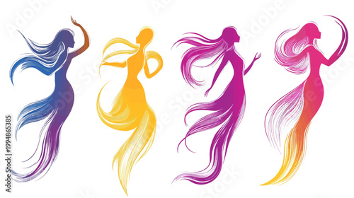 Four flowing figures in silhouette, featuring brushstroke-style gradients of color, gracefully posing on a white backdrop