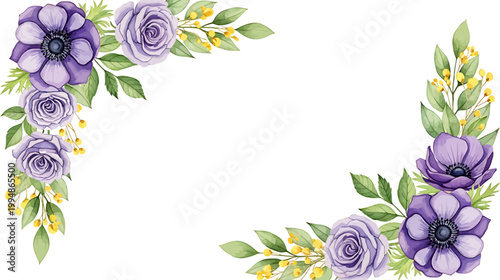 Watercolor Purple Anemone and Lavender Rose Floral Corner Frame Vector Illustration for Wedding Invitations and Greeting Cards