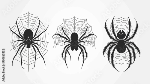 Three black spider silhouettes, each centered with varying web designs. Spiders are a Halloween theme