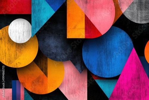 Abstract Geometric Harmony: A vibrant abstract composition of intersecting geometric shapes and dynamic forms, featuring a diverse palette of colors and textures.