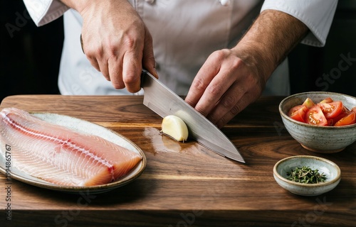 Chef's hand holding knife, slicing salmon fillet on wooden cutting board. Acqua Pazza ingredients include tomatoes, garlic, herbs for fish poached with tomato garlic herbs. Concept of culinary art.
