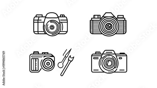 Monochrome vector graphic of cameras and tools. Simple, minimalist design, black outline on white background