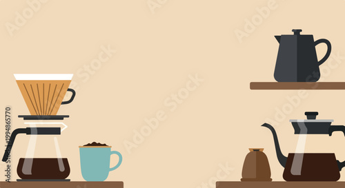 A minimalist flat design vector featuring various coffee brewing equipment like a pour-over dripper, carafes, and a mug on wooden shelves.