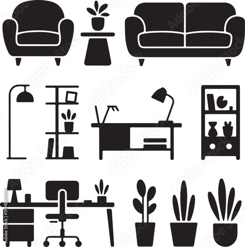 Modern Furniture Silhouettes Collection Home and Office Interior Vector Set