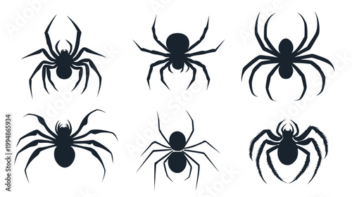 Six stylized spider silhouettes in varying poses against a plain white background