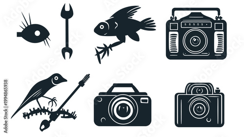 Black and white icons of various objects, including a camera, radio, and different animals