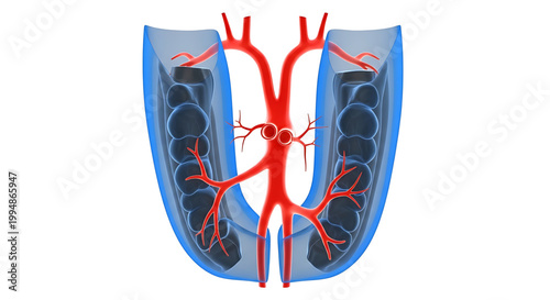 A detailed vector illustration of the human spinal cord with blood vessels and nerves.