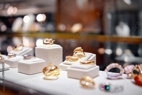 Display of Various Jewelry Pieces in a Store Showcasing Rings and Earrings Du...