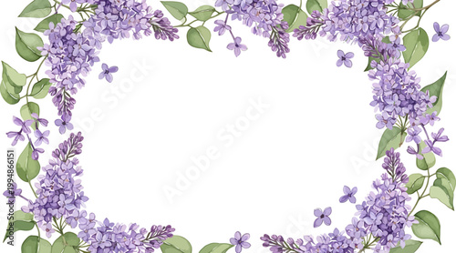 Elegant watercolor lilac flower frame vector illustration featuring purple blossoms and green leaves on a clean white background