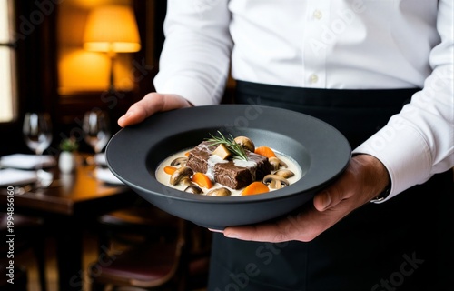 Waiter holding bowl of Blanquette de Veau with creamy mushrooms, carrots, and herbs, in cozy dimly lit restaurant. Concept of veal stew with cream mushrooms carrots ambiance.