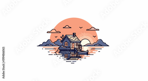 Serene lakeside cabin with a canoe docked and a sunset over mountains