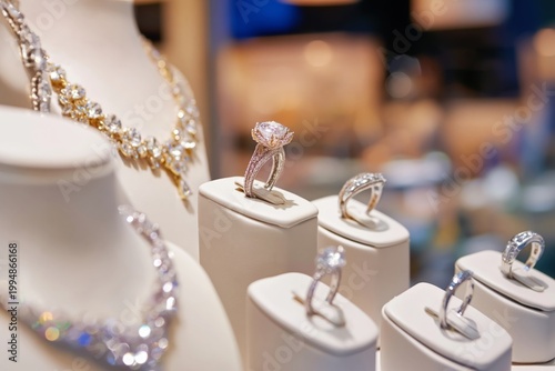 Display of Various Jewelry Pieces in a Store Showcasing Rings and Earrings Du...