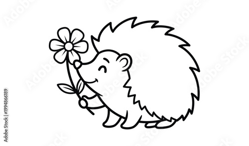 Adorable hedgehog holding a delicate flower in a whimsical black and white illustration, evoking a sense of innocence and nature's beauty