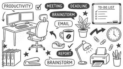 Hand-drawn doodle set focusing on workplace productivity, dual monitor desk setups, and to-do lists. Perfect for task management app designs, printable work planners, and business workflow graphics.