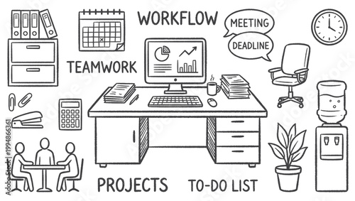 Hand Drawn Office Workspace and Business Workflow Concept Elements for Corporate Training and Teamwork Presentations