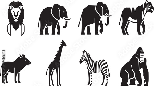 Wild African animals icon set with lion elephant and giraffe vectors