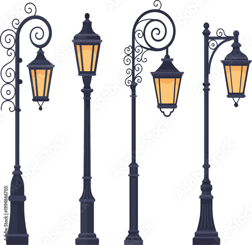 Collection of vintage-style street lamps on a white background, perfect for urban design and historical ambiance
