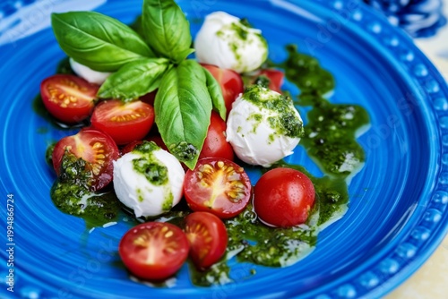 Fresh Mozzarella and Cherry Tomatoes Served With Basil and Pesto on a Blue Plate