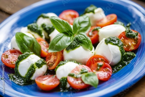 Fresh Mozzarella and Tomato Salad With Basil and Pesto Served on a Blue Plate