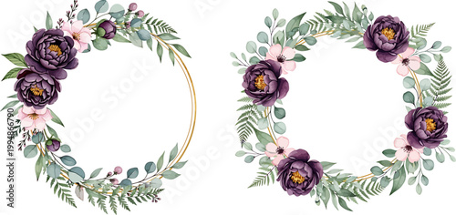Elegant Watercolor Floral Wreath with Dark Purple Peonies Pink Blossoms and Eucalyptus Leaves on Golden Circular Frame