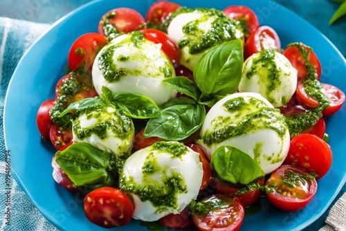Fresh Mozzarella and Tomato Salad With Basil and Pesto Served on a Blue Plate