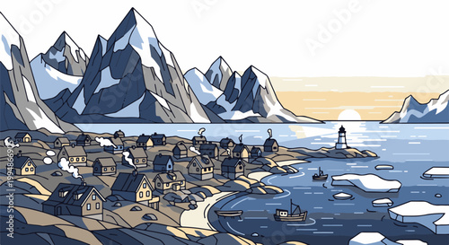 Pixel art coastal village nestled by snowy mountains, with boats on icy sea