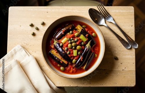 Bowl of Caponata, rich eggplant stew with capers, olives, celery, peas, carrots, cozy atmosphere. Concept of vibrant, comforting dining experience with warmth.