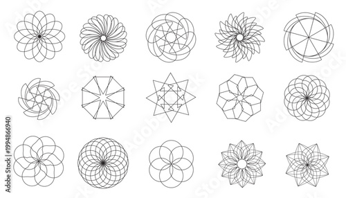 set of abstract vector icons based on circular shapes. Lines, spirals, and radial patterns. Includes geometric elements, round symbols designs for use in logos, graphics, and technology 