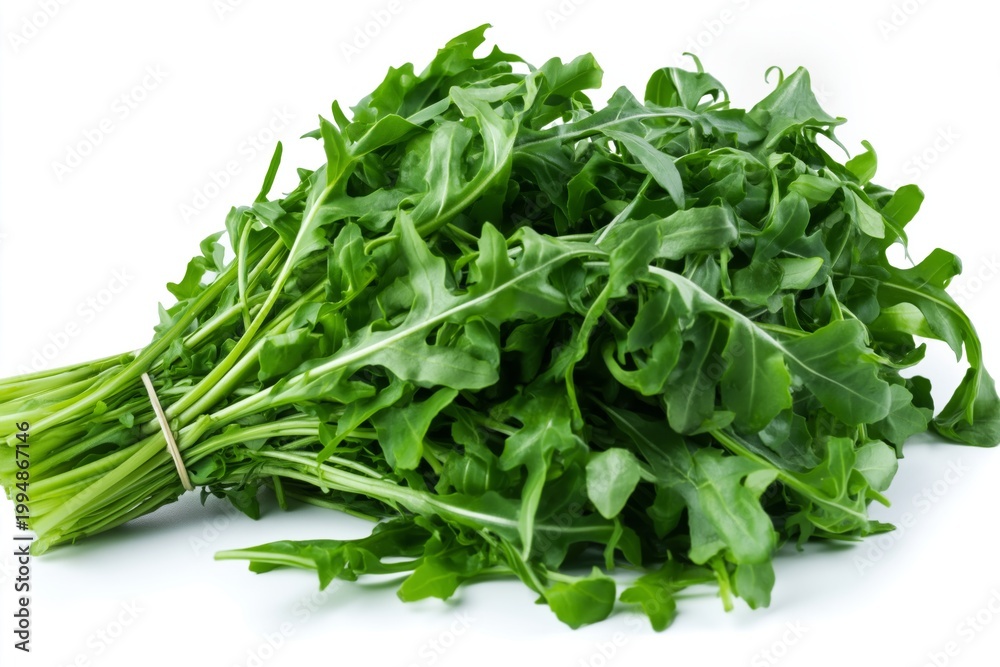 Fototapeta premium Fresh Arugula Bunch on a White Background Ready for Use in Cooking or Salads
