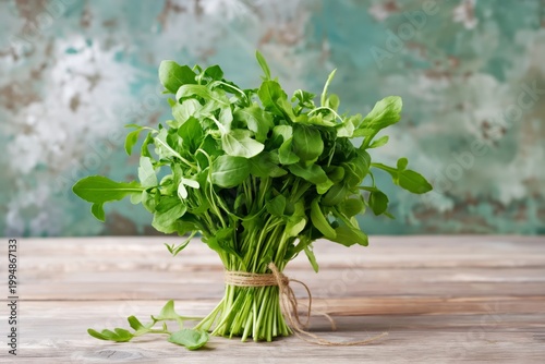 Freshly Picked Greens on Wooden Table in a Simple Kitchen Setting