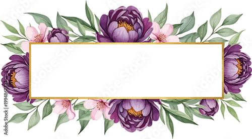 Elegant watercolor purple peony and pink flower floral frame with gold border for wedding invitations and greeting cards