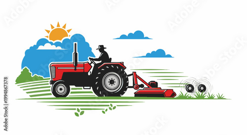 Red tractor with farmer mows a field under a sunny sky