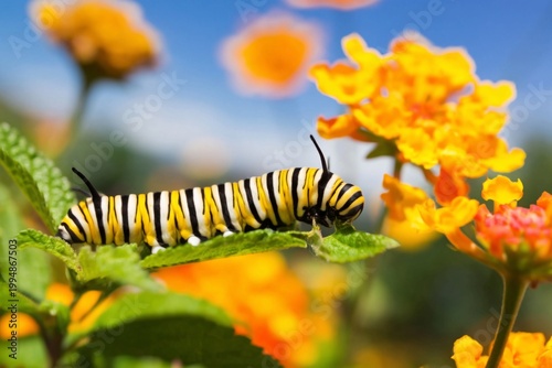 Caterpillar on Green Leaf Among Colorful Flowers in a Sunny Garden Setting
