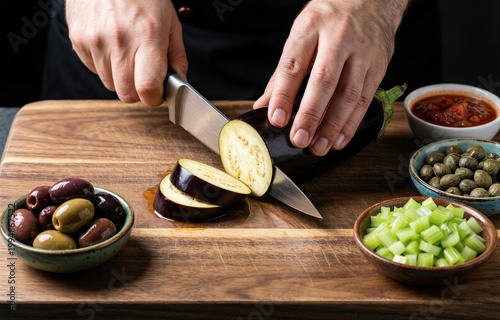 Caponata preparation on wooden cutting board, man slicing eggplant in black chef's uniform. Concept of vibrant ingredients for eggplant stew with capers olives celery.
