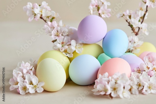 Colorful Eggs and Spring Flowers Arranged Together on a Neutral Background