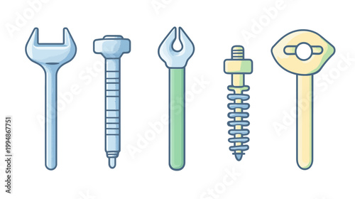A row of five illustrated tools. Each is colored and outlined, including wrenches and screws